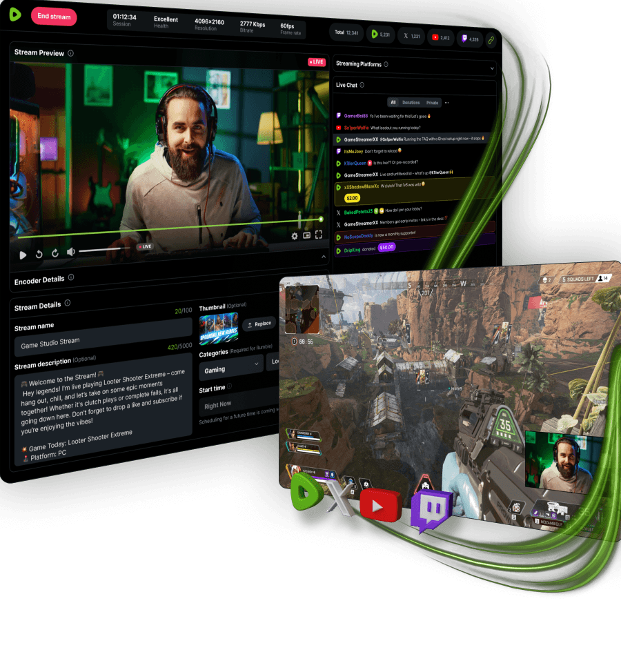 Multi-stream with high quality Direct RTMP workflow, for free. Mobile interface showing live streaming capabilities.